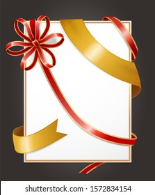 Gift card or present, empty banner with decorative silk stripe and ribbon bow. Serpentine and shiny knot. Copy space for text, decoration on blank room. Adornment tapes, vector in flat style
