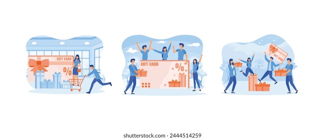 Gift card and promotion. Cheerful people happy about discount card, coupon or voucher. Earn loyalty program points and get online reward and gifts or bonus. Set flat vector modern illustration 