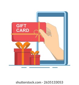 gift card and promotion concept, certificate, voucher or online coupon in the app. gift voucher, discount coupon and certificate. Sales, loyalty program, bonus, marketing. flat design illustration.