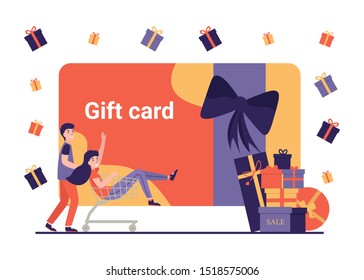 Gift Card And Promotion. Happy People Doing Online Shopping With Discount Coupon And Gift Certificate. Man And Woman Characters. Flat Vector Concept Isolated Illustration On White Background.