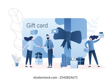 Tarjeta de regalo y estrategia de promoción. Hombre de negocios da a la mujer cupón de regalo de plástico. Fondo de concepto de Cupón y certificado de descuento. Cliente de mujer feliz con bolsos de compras. Ilustración vectorial