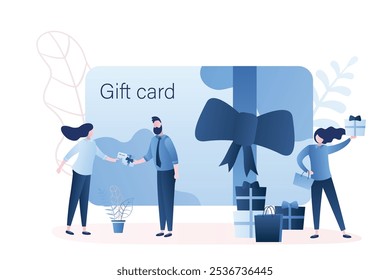 Tarjeta de regalo y estrategia de promoción. Hombre guapo da a la mujer cupón de regalo de plástico. Fondo de concepto de Cupón y certificado de descuento. Mujer feliz con bolsos de compras. Ilustración vectorial de estilo de moda