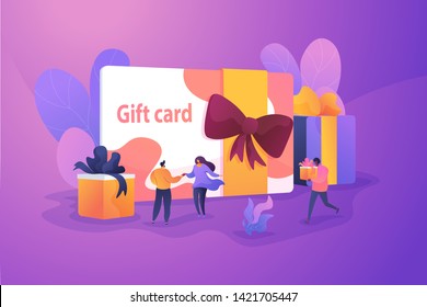Gift card and promotion strategy, gift voucher, discount coupon and gift certificate concept. Vector isolated concept illustration with tiny people and floral elements. Hero image for website.