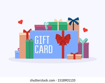 Gift card and promotion strategy, gift voucher, discount coupon with different gift box on a background.