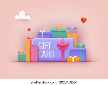 Gift card and promotion strategy, gift voucher, discount coupon and gift certificate concept. 3D Web Vector Illustrations. 