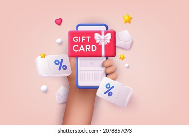 Gift card and promotion strategy, gift voucher, discount coupon and gift certificate concept. Hand holding mobile smart phone with shopp app. 3D Web Vector Illustrations.