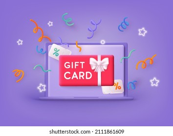 Gift Card And Promotion Strategy, Gift Voucher, Discount Coupon And Gift Certificate Concept. 3D Web Vector Illustrations.