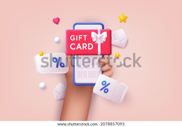 Gift card and promotion\
strategy, gift voucher, discount coupon and gift certificate\
concept. Hand holding mobile smart phone with shopp app. 3D Web\
Vector Illustrations.