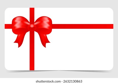 Gift card with realistic red bow and crossed ribbons. Vector illustration isolated