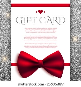 Gift card with red bow on silver glitter background. Vector illustration