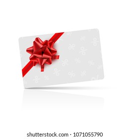 Gift card with red bow and ribbon. Coupon gift card celebration design. Holiday vector card.