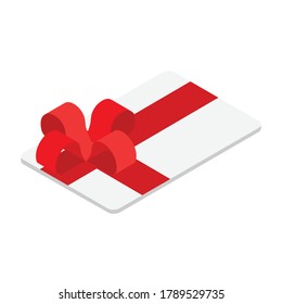 Gift Card With Red Bow And Ribbon. Vector Illustration. Gift Or Credit Card Design Template. Coupon, voucher, certificate, invitation, currency
