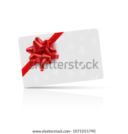 Gift card with red bow and ribbon. Coupon gift card celebration design. Holiday vector card.