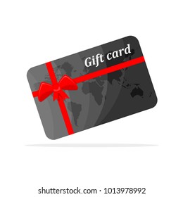 Gift card with red bow and ribbons. Vector illustration. Gift card, isolated on white background