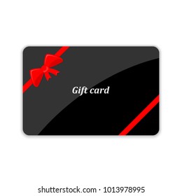 Gift card with red bow and ribbons. Vector illustration. Black gift card, isolated on white background