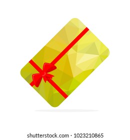 Gift card with red bow and ribbons. Vector illustration. Gift card with geometric polygonal background