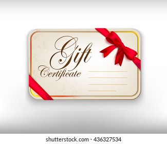 gift card with red bow tied to the corners and ribbon. Vector event invitation card