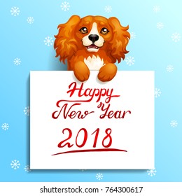 Gift card with the red dog Cocker Spaniel stands with paws on a white banner or a poster with inscription of Happy New year 2018. A vector illustration in cartoon 3d style on blue.
