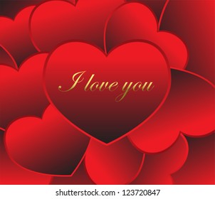 Gift card with red hearts and the words "I love you". Valentine Day's background. Vector illustration