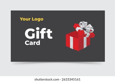 Gift card with red present box and silver ribbon on dark background
