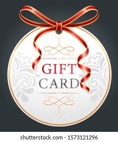 Gift card with red ribbon and bow for holiday. Greeting postcard in shape of ball with pattern decorated by festive stripe. Round invitation icon or coupon with colorful symbols on white vector