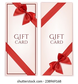 Gift card with red ribbon and a bow. Gift voucher template. Vector illustration