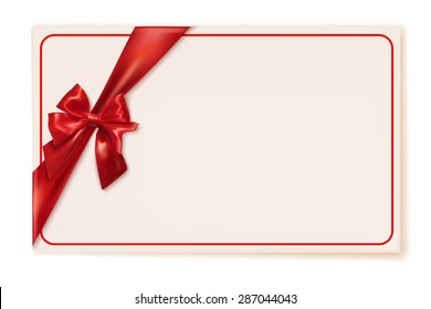 Gift card with red ribbon and bow on a white background. Vector illustration