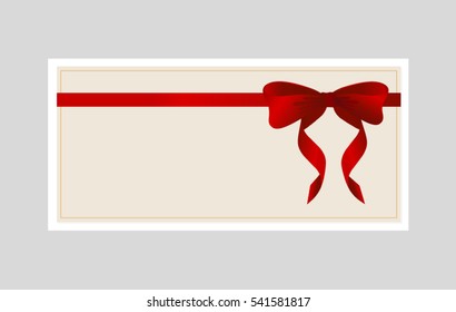 Gift Card With Red Ribbon And A Bow.  Gift Voucher Template.  Vector Illustration.