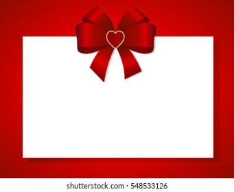 Gift Card With Red Ribbon And A Bow on white background.  Gift Voucher Template.  Vector Illustration.
