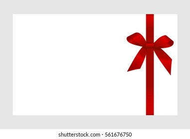 Gift Card With Red Ribbon And A Bow on white background.  Gift Voucher Template.  Vector image.