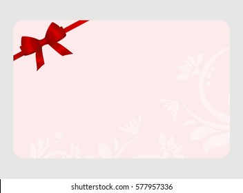 Gift Card With Red Ribbon And A Bow on Pink background.  Gift Voucher Template.  Vector image.