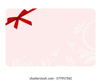 Gift Card With Red Ribbon And A Bow on Pink background.  Gift Voucher Template.  Vector image.