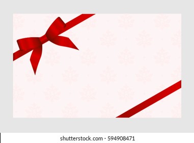 Gift Card With Red Ribbon And A Bow on pink background.  Gift Voucher Template.  Vector image.