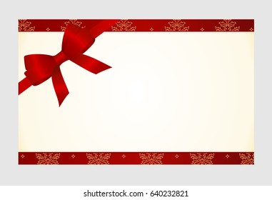 Gift Card With Red Ribbon And A Bow,  has space for text.  Gift Voucher Template.  Vector image.
