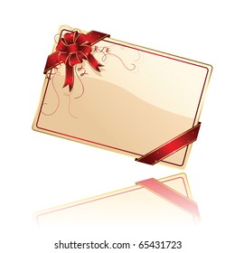 Gift card with red ribbon and bow, illustration