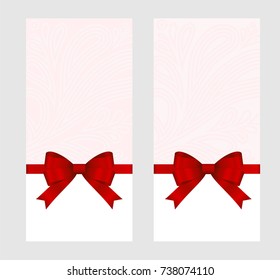 Gift Card With Red Ribbon And A Bow  on pink background.  Gift Voucher Template with  place for text.  Invitation - vector image.