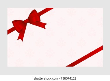 Gift Card With Red Ribbon And A Bow  on pink background.  Gift Voucher Template with  place for text.  Invitation - vector image.