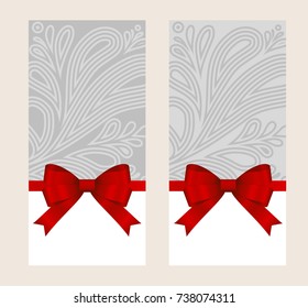 Gift Card With Red Ribbon And A Bow  on grey background.  Gift Voucher Template with  place for text.  Invitation - vector image.