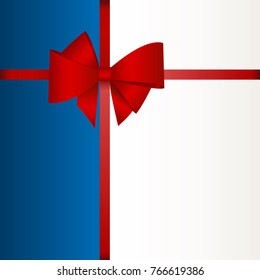 Gift Card With Red Ribbon And A Bow  on blue background.  Gift Voucher Template with  place for text.  Invitation - vector image.