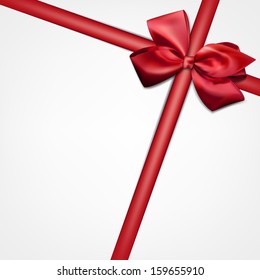 Gift card with red ribbon and satin bow. Vector illustration. 