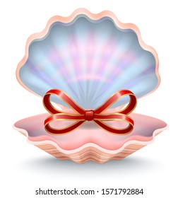 Gift card with red ribbon in shape of bow in open seashell. Holiday postcard decorated by shell symbol with silk elegant stripe. Valentine greeting card with aqua symbol with accessory on white vector