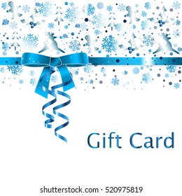 Gift Card with ribbon bow and streamers, winter elements in blue