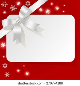 Gift Card with ribbon dark blue on red background snowflakes