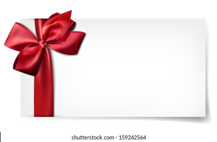 Gift card with ribbon and satin red bow. Vector illustration.  