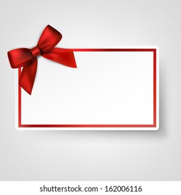 Gift card with ribbon and satin red bow. Vector illustration. 