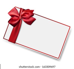 Gift card with ribbon and satin red bow. Vector illustration. 