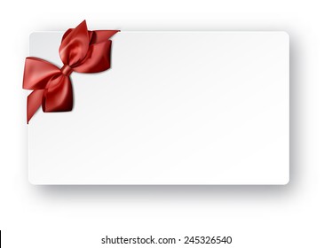 Gift card with ribbon and satin red bow. Vector illustration.  