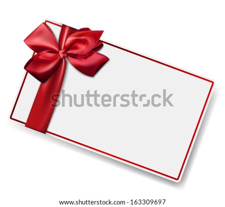 Gift card with ribbon and satin red bow. Vector illustration. 