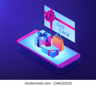 Gift Card With Ribbon And Smartphone With Shopping Bag And Boxes. Digital Gift Card, Mobile Store App, Digital Gift Certificate Concept. Ultraviolet Neon Vector Isometric 3D Illustration.