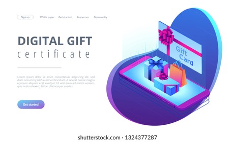 Gift card with ribbon and smartphone with shopping bag and boxes. Digital gift card, mobile store app, digital gift certificate concept. Isometric 3D website app landing web page template